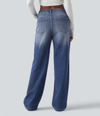 High Waisted Straight Leg Casual Jeans with Pockets — Tide Blue Denim — view 2