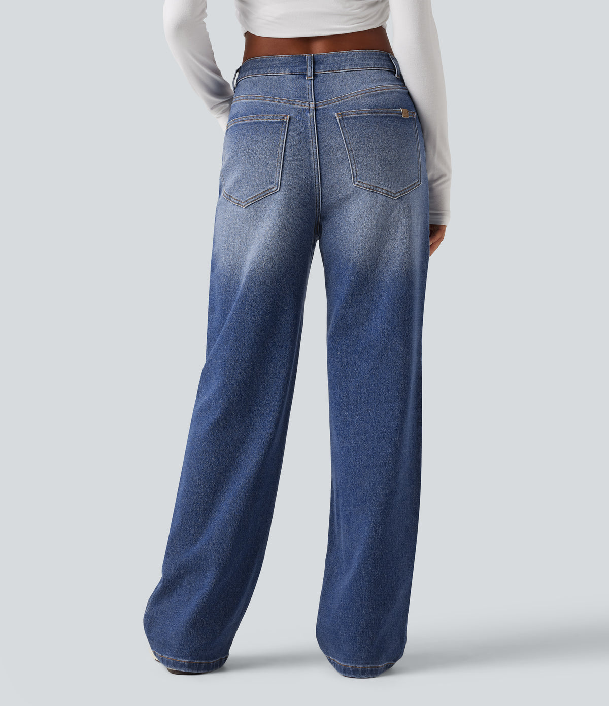 High Waisted Straight Leg Casual Jeans with Pockets — Tide Blue Denim — view 2