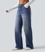 High Waisted Straight Leg Casual Jeans with Pockets — Tide Blue Denim — view 3