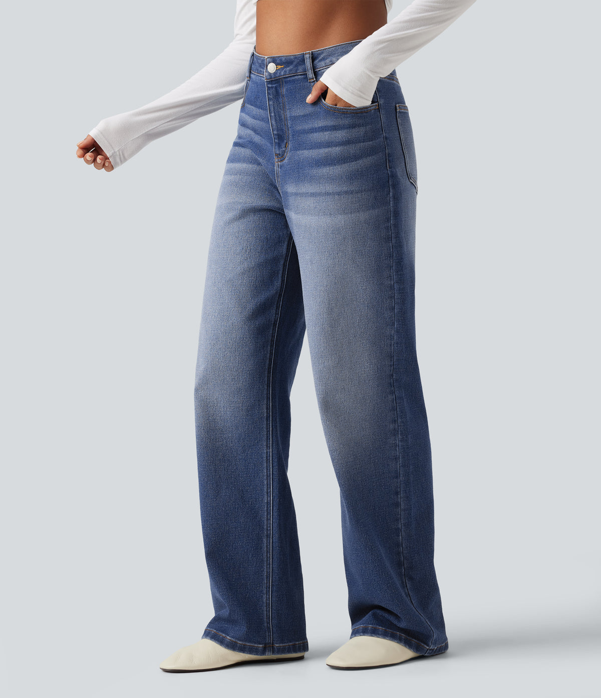 High Waisted Straight Leg Casual Jeans with Pockets — Tide Blue Denim — view 3