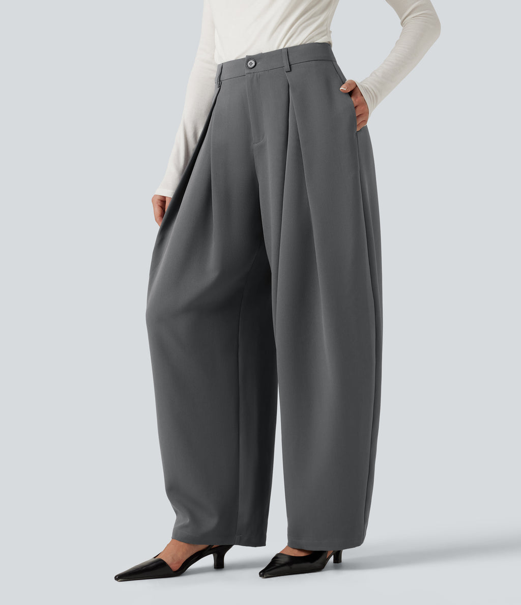 High Waisted Baggy Work Trousers with Pockets — Poppy Seed — view 3