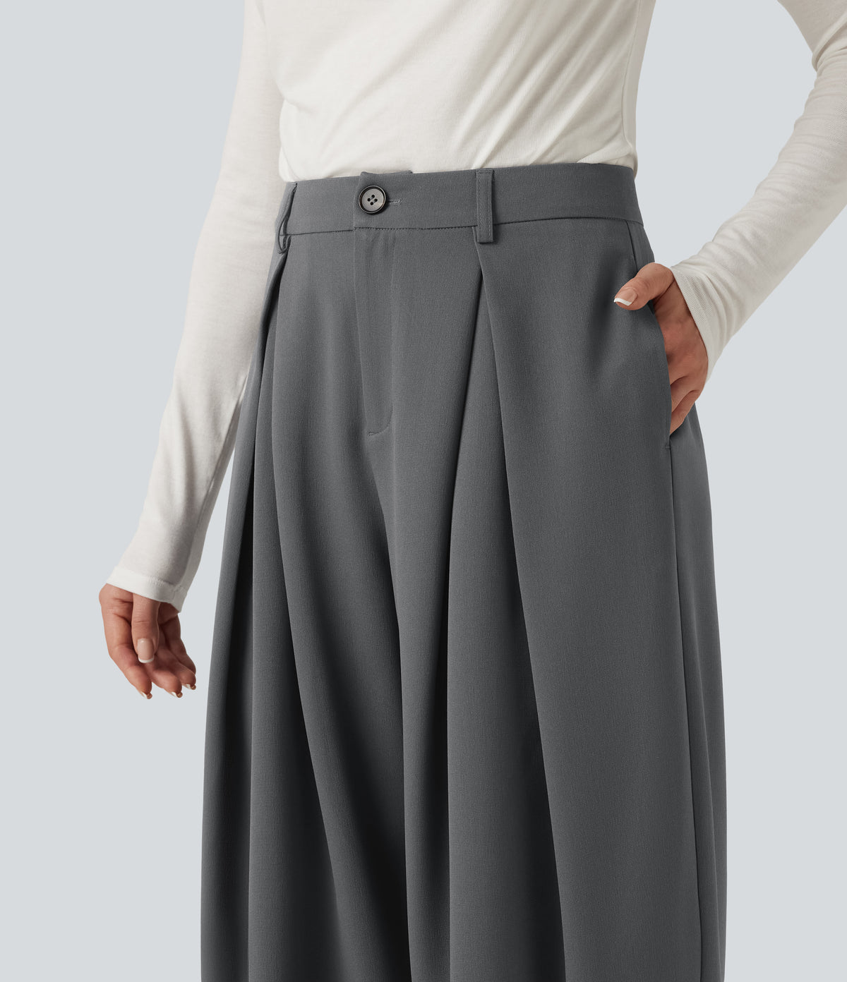 High Waisted Baggy Work Trousers with Pockets — Poppy Seed — view 6