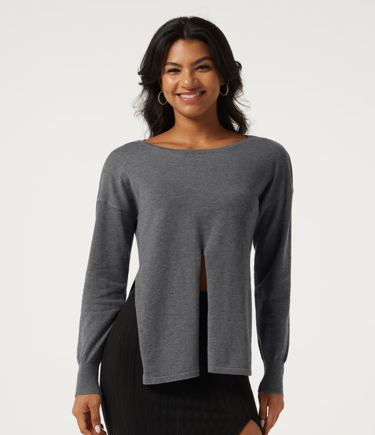 Boat Neck Long Sleeve Asymmetric Casual Jumper — Grey — view 7