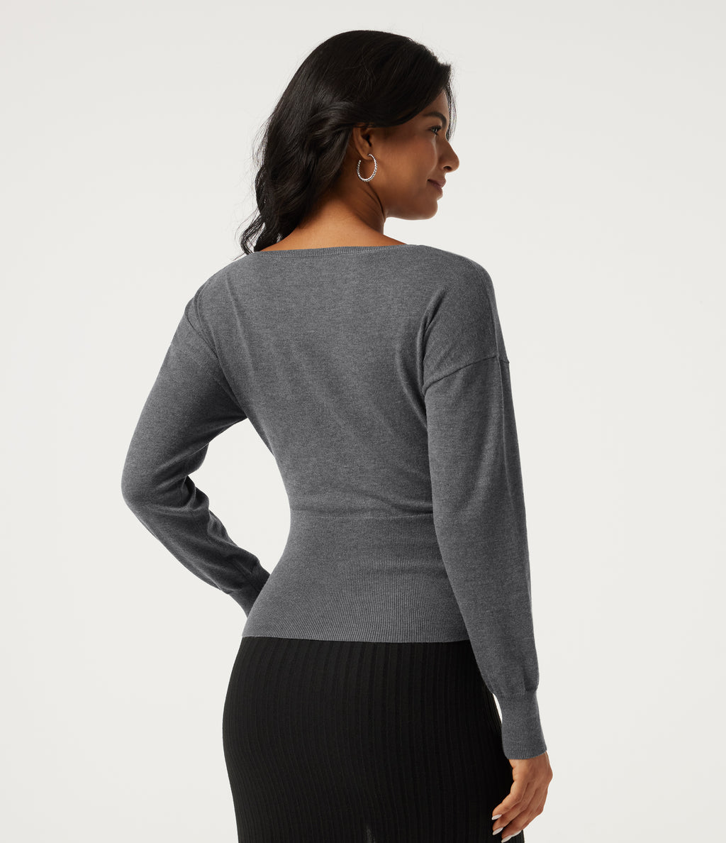 Boat Neck Long Sleeve Asymmetric Casual Jumper — Grey — view 4