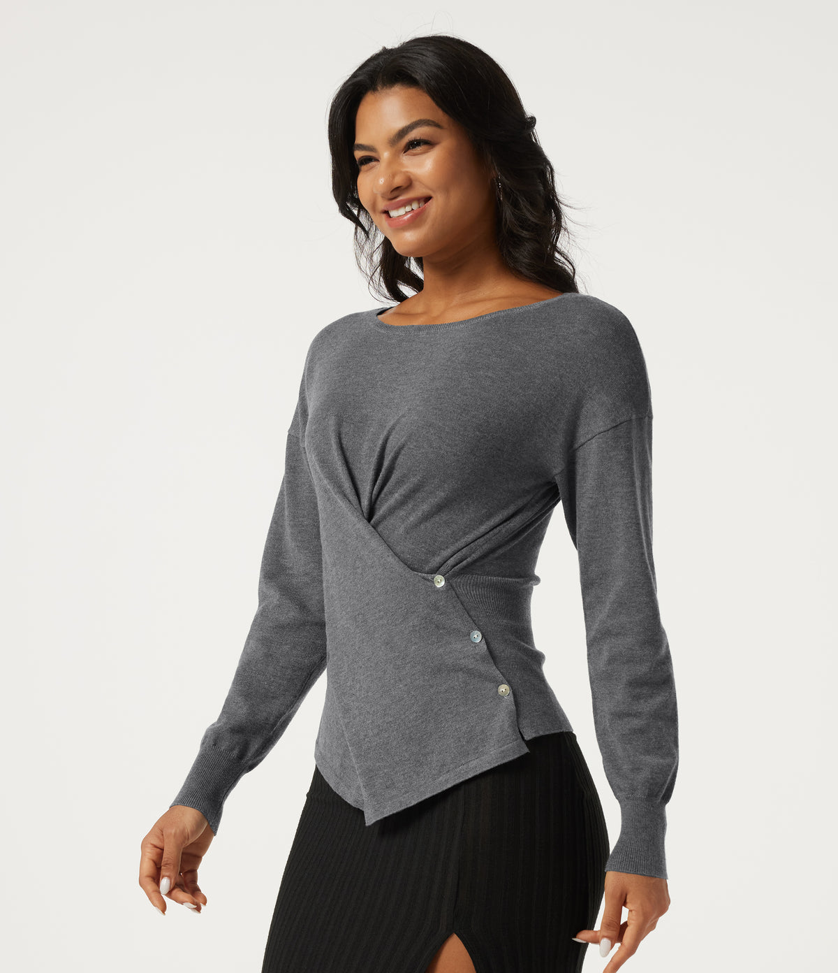 Boat Neck Long Sleeve Asymmetric Casual Jumper — Grey — view 3