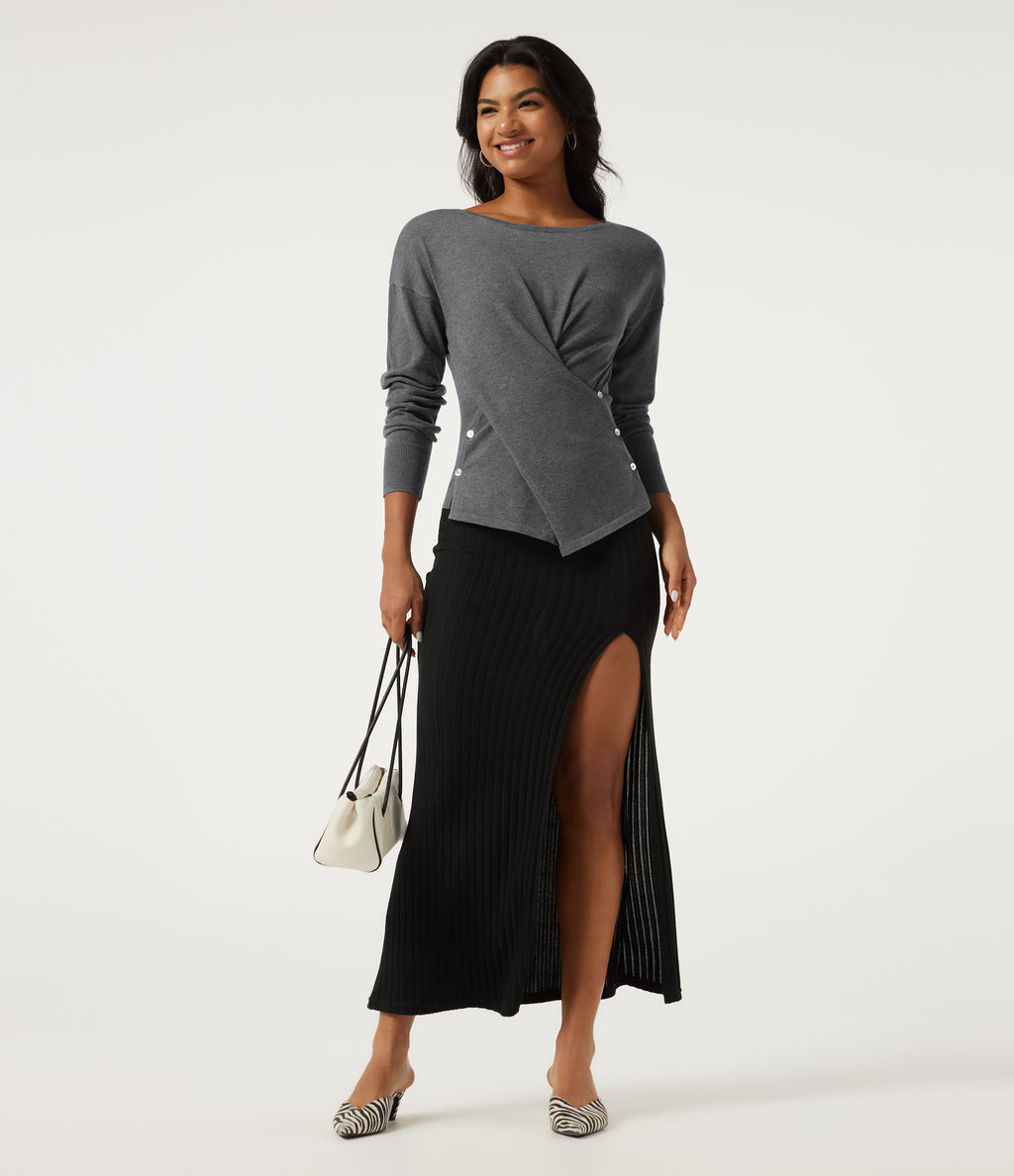Boat Neck Long Sleeve Asymmetric Casual Jumper — Grey — view 6
