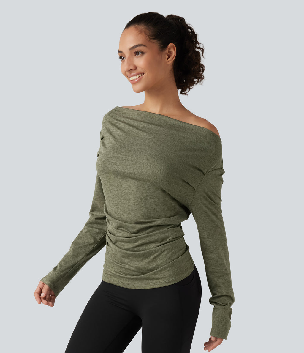 Off Shoulder Long Sleeve Yoga Sports Top — Light Green Floral Yarn — view 3