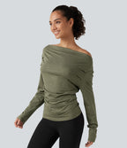 Off Shoulder Long Sleeve Yoga Sports Top — Light Green Floral Yarn — view 3