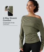 Off Shoulder Long Sleeve Yoga Sports Top — Light Green Floral Yarn — view 1