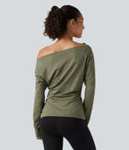Off Shoulder Long Sleeve Yoga Sports Top — Light Green Floral Yarn — view 2