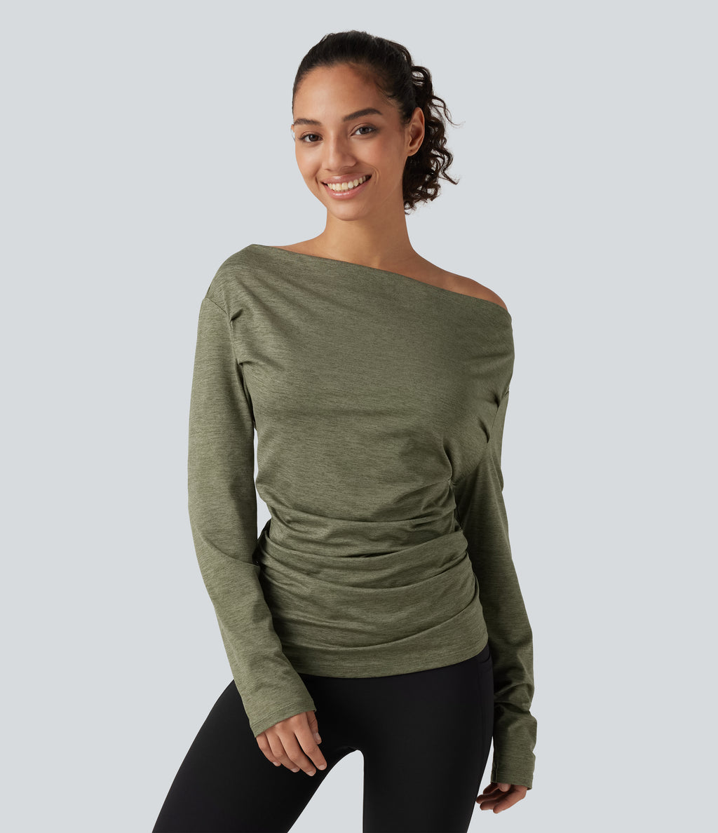 Off Shoulder Long Sleeve Yoga Sports Top — Light Green Floral Yarn — view 4