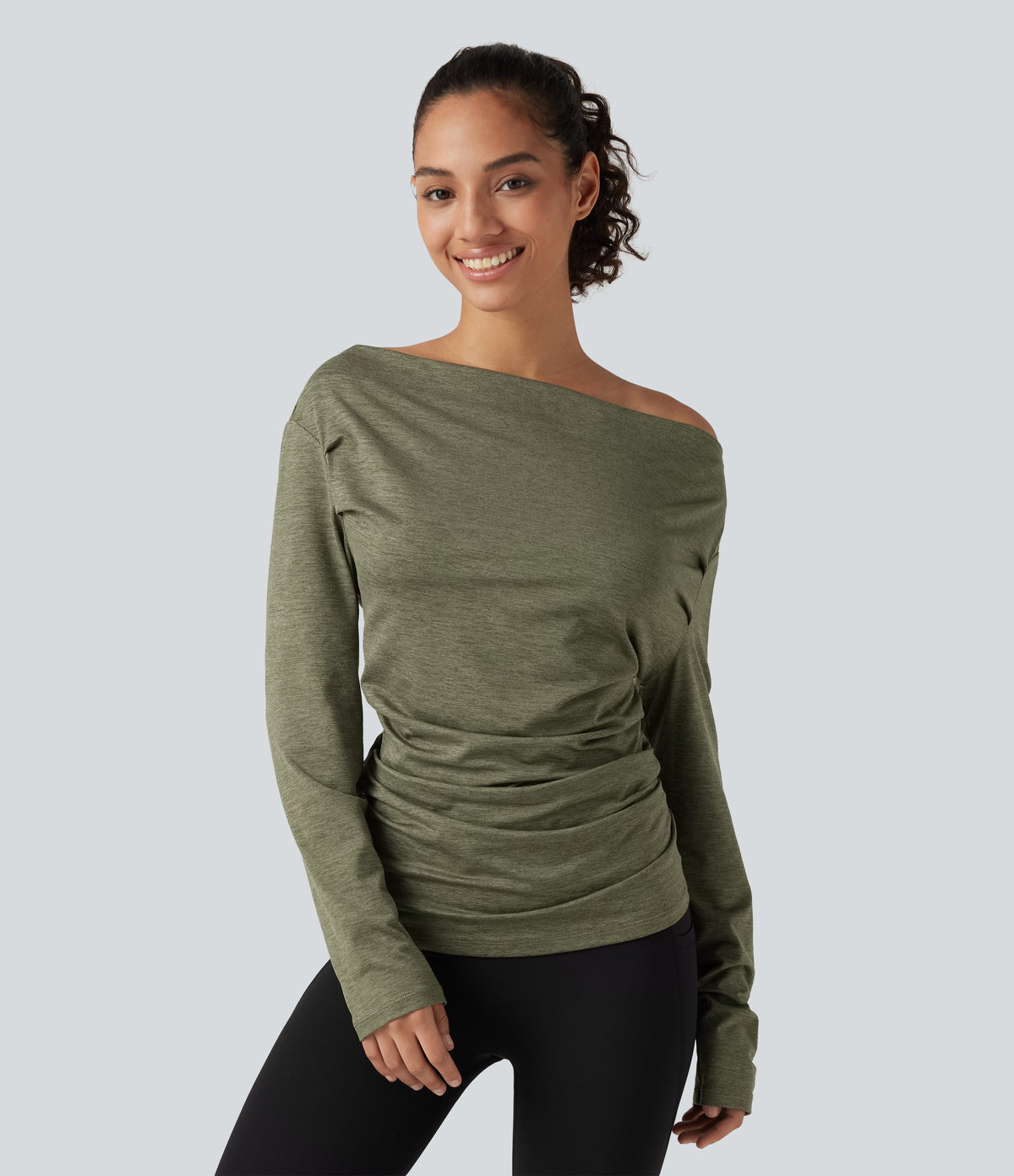 Off Shoulder Long Sleeve Yoga Sports Top — Light Green Floral Yarn — view 4