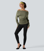 Off Shoulder Long Sleeve Yoga Sports Top — Light Green Floral Yarn — view 7