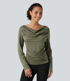 Off Shoulder Long Sleeve Yoga Sports Top — Light Green Floral Yarn — view 5