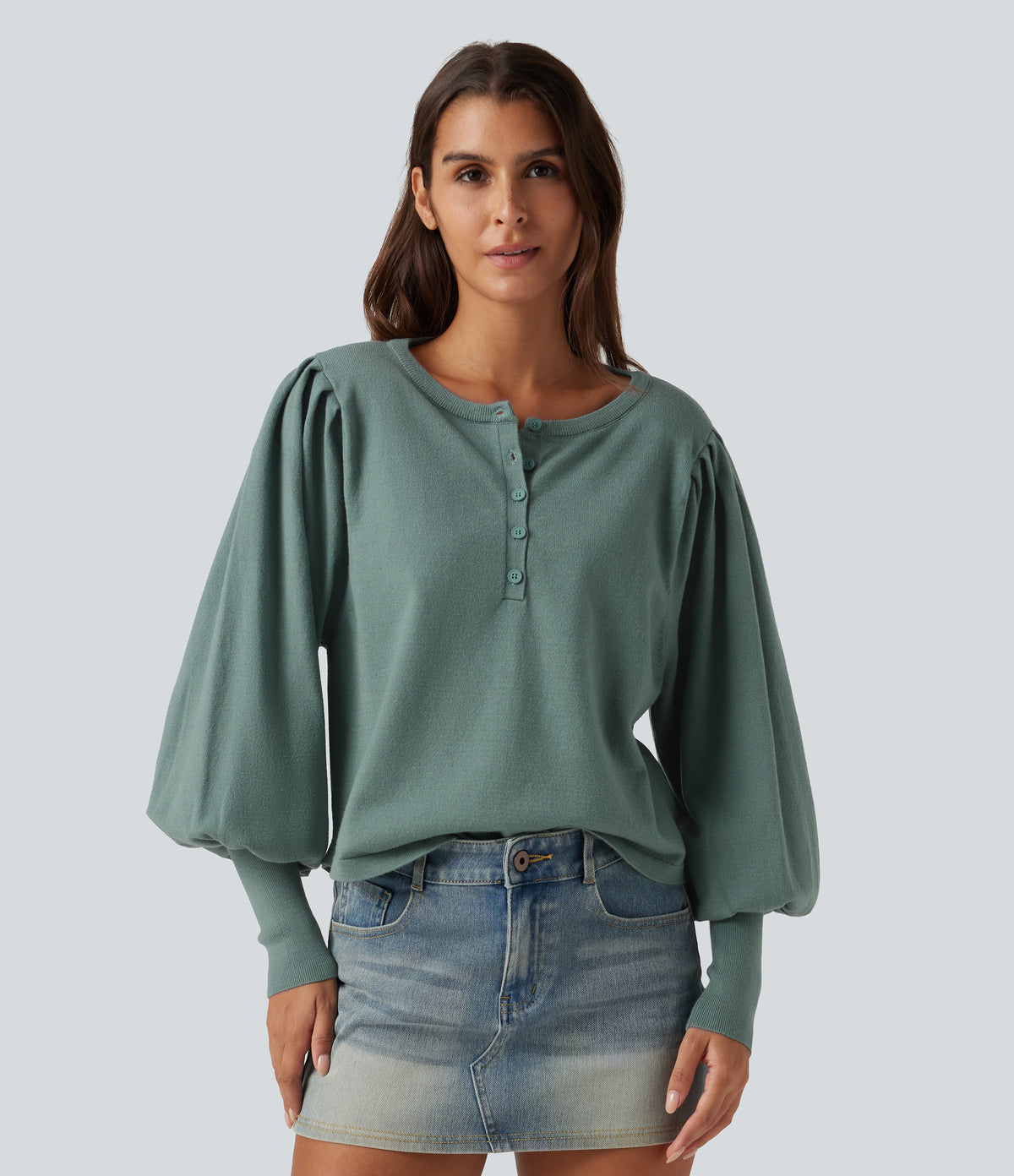 Henley Neck Puff Long Sleeve Relaxed Work Jumper — Crab Shell Green — view 1
