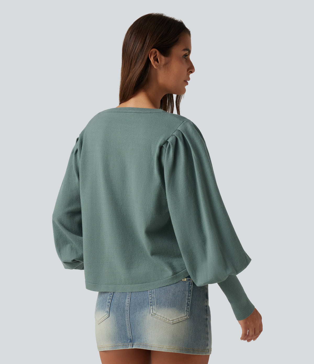 Henley Neck Puff Long Sleeve Relaxed Work Jumper — Crab Shell Green — view 2