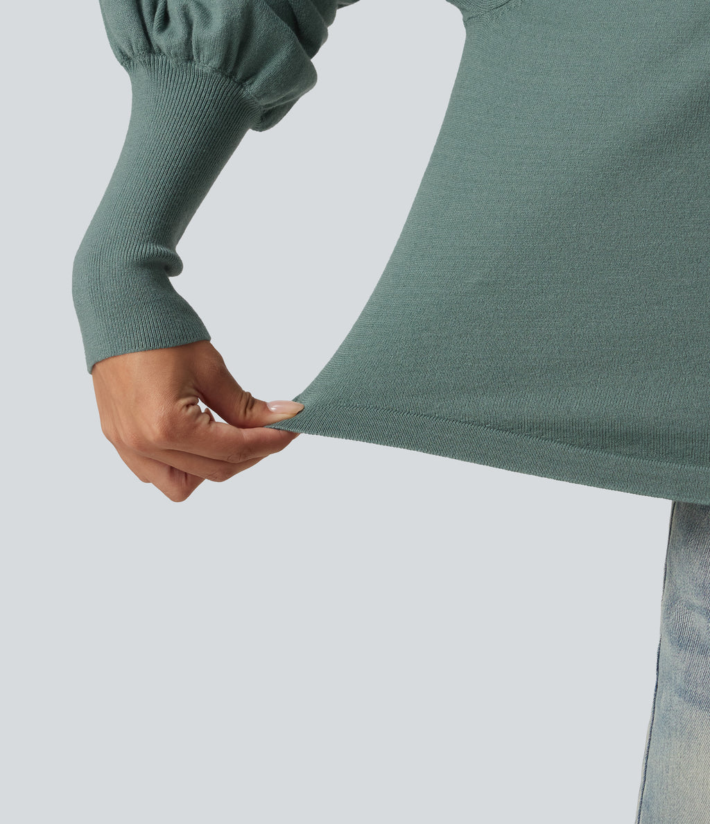 Henley Neck Puff Long Sleeve Relaxed Work Jumper — Crab Shell Green — view 7