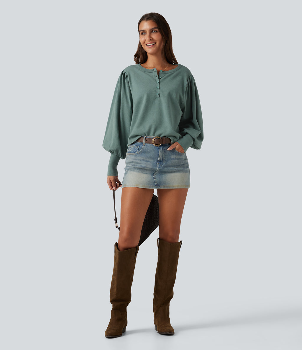 Henley Neck Puff Long Sleeve Relaxed Work Jumper — Crab Shell Green — view 8