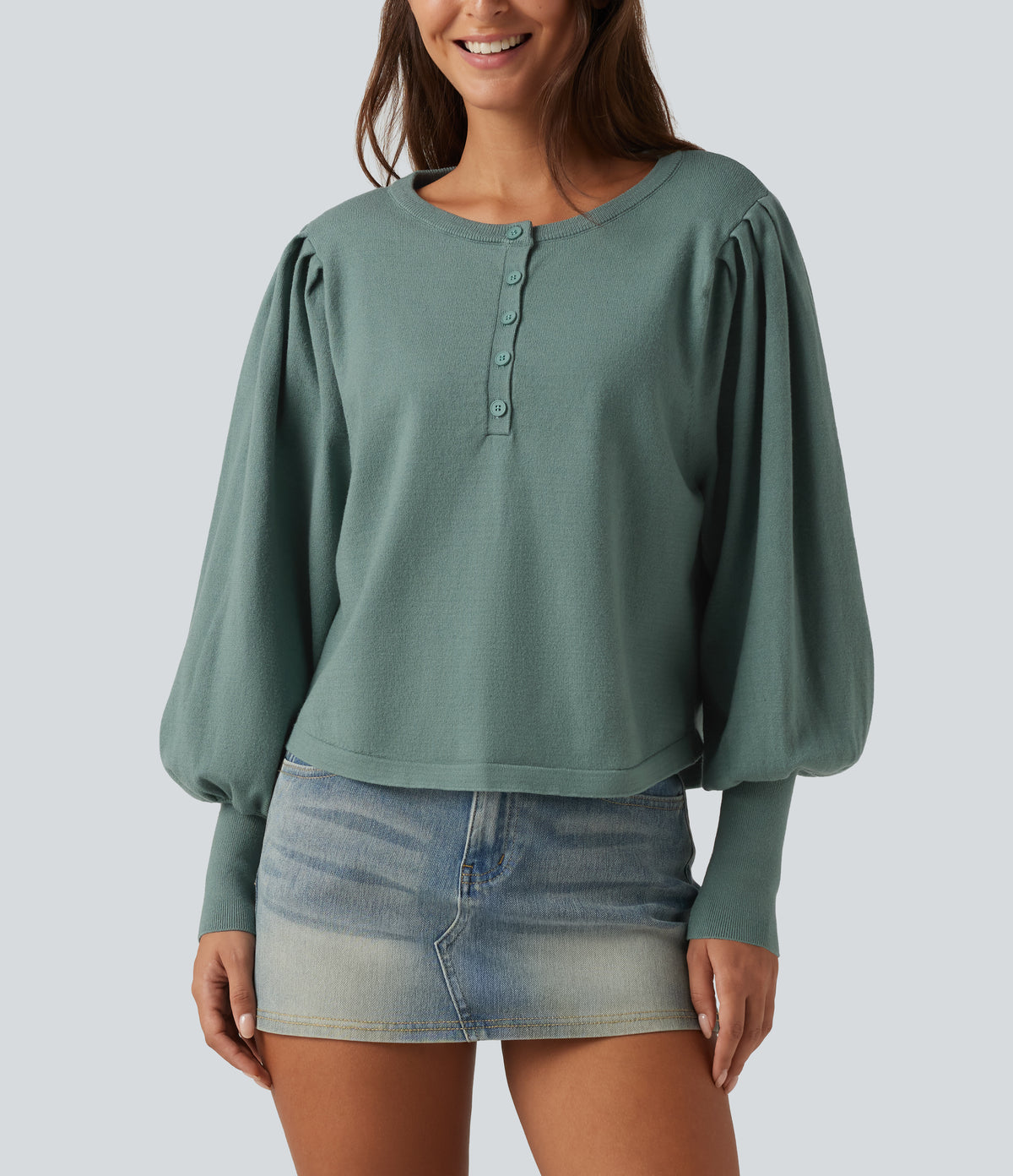 Henley Neck Puff Long Sleeve Relaxed Work Jumper — Crab Shell Green — view 6