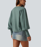 Henley Neck Puff Long Sleeve Relaxed Work Jumper — Crab Shell Green — view 5