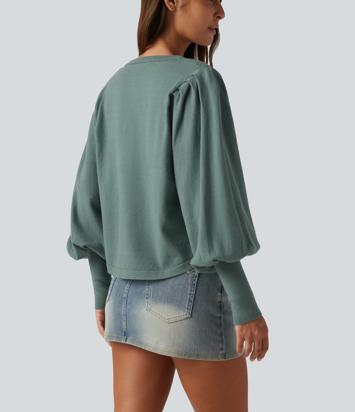 Henley Neck Puff Long Sleeve Relaxed Work Jumper — Crab Shell Green — view 5