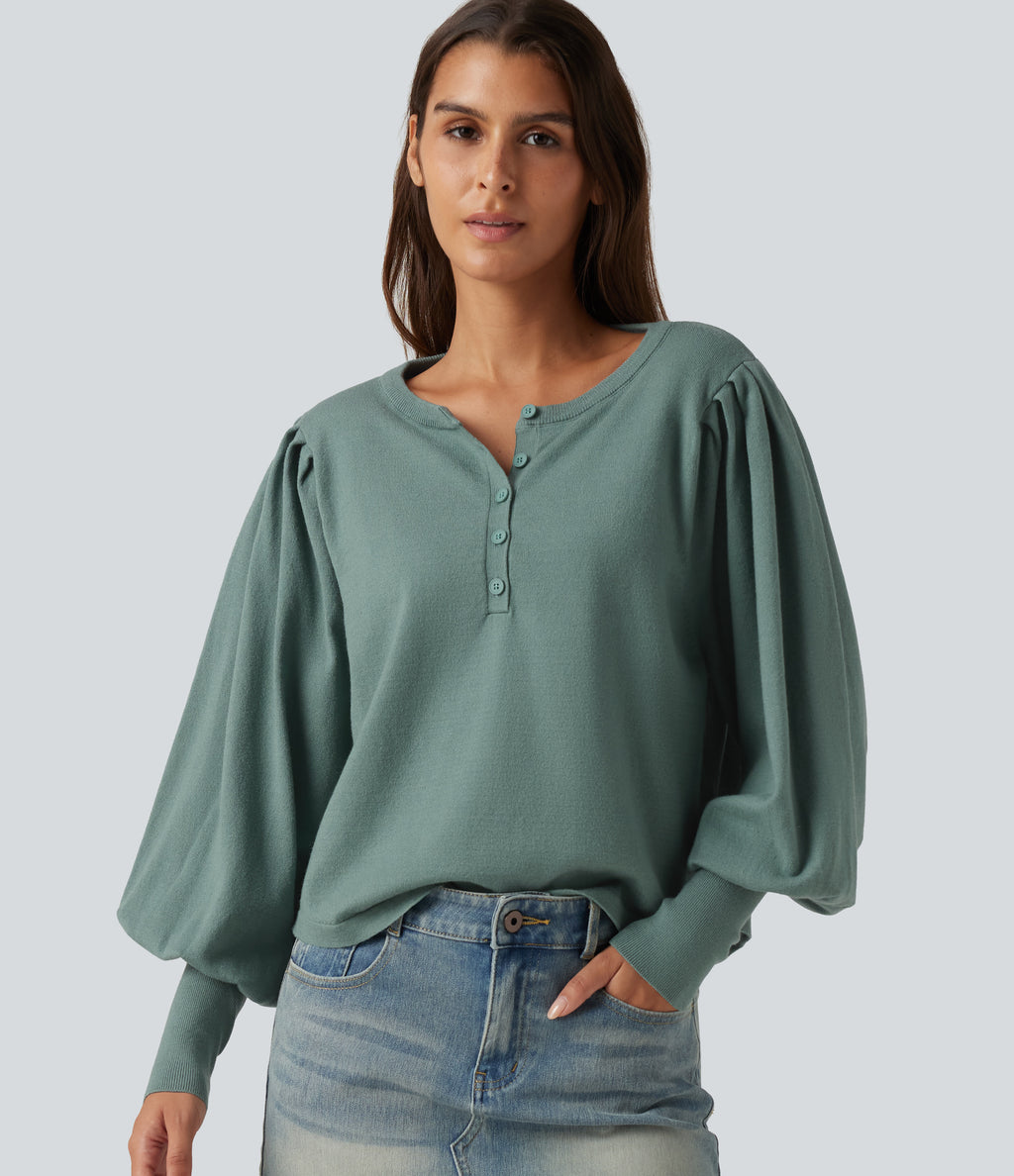 Henley Neck Puff Long Sleeve Relaxed Work Jumper — Crab Shell Green — view 4