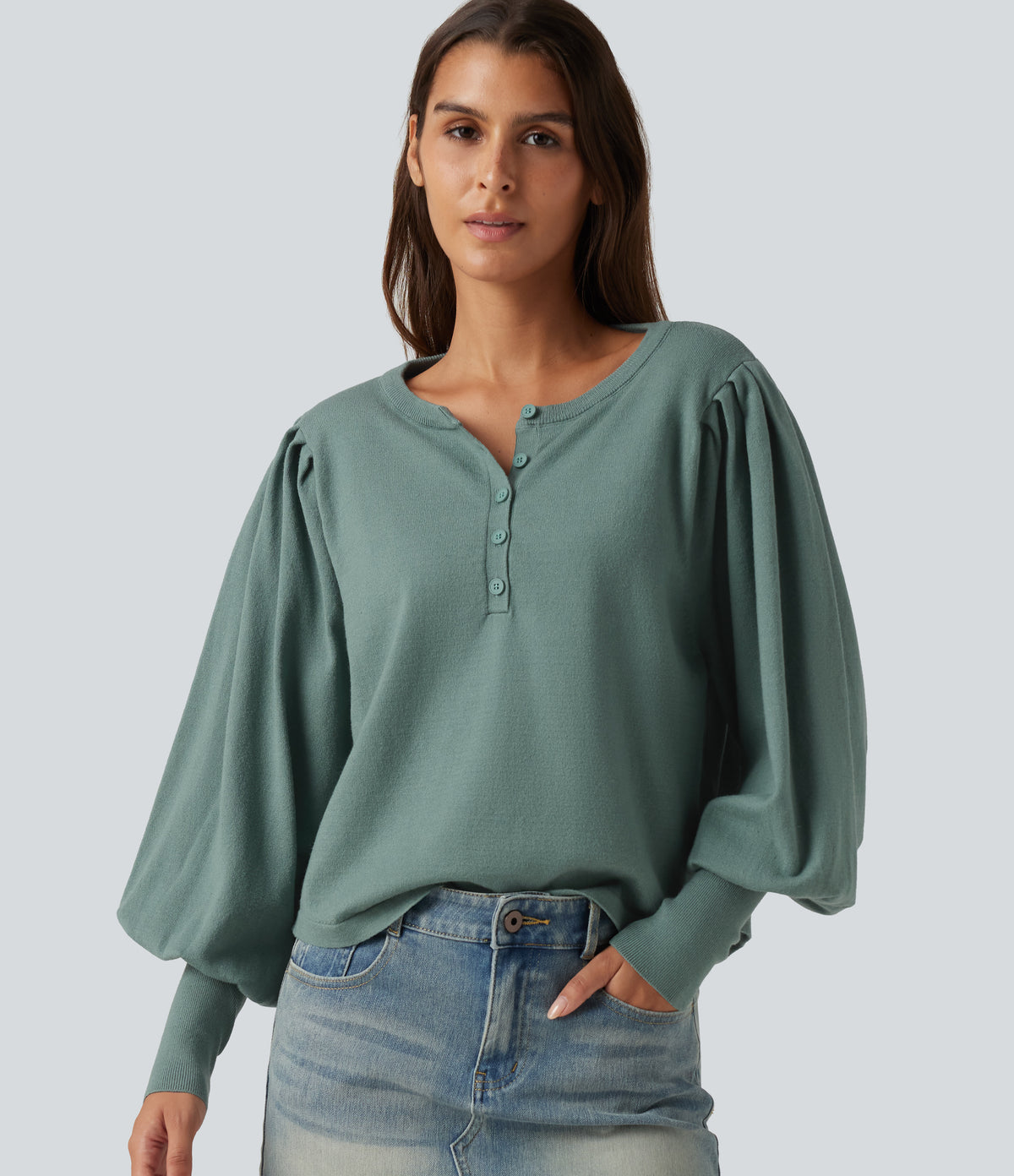 Henley Neck Puff Long Sleeve Relaxed Work Jumper — Crab Shell Green — view 4