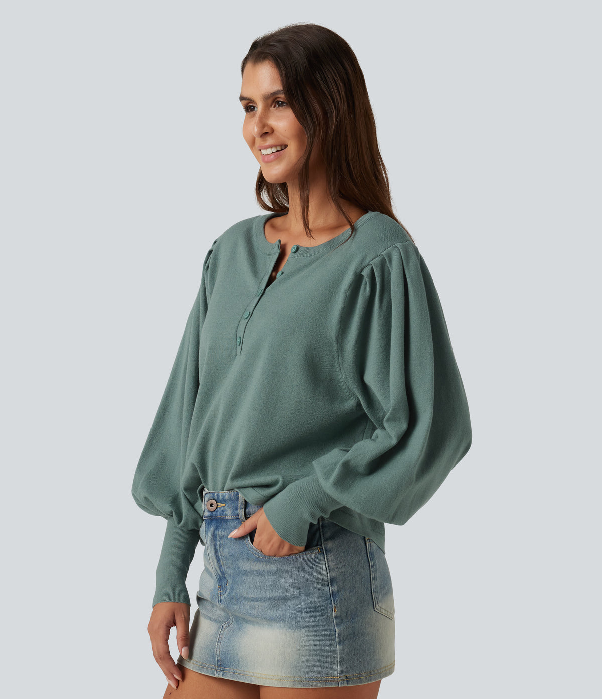 Henley Neck Puff Long Sleeve Relaxed Work Jumper — Crab Shell Green — view 3