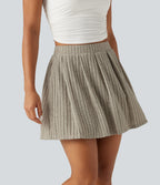 Ribbed Knit High Waisted A Line Pleated Mini Casual Skirt with Pockets — Warm Grey Floral Velvet — view 4