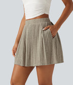 Ribbed Knit High Waisted A Line Pleated Mini Casual Skirt with Pockets — Warm Grey Floral Velvet — view 3