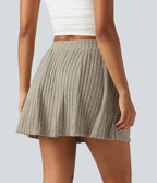 Ribbed Knit High Waisted A Line Pleated Mini Casual Skirt with Pockets — Warm Grey Floral Velvet — view 2