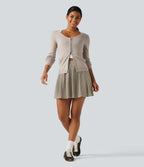 Ribbed Knit High Waisted A Line Pleated Mini Casual Skirt with Pockets — Warm Grey Floral Velvet — view 6