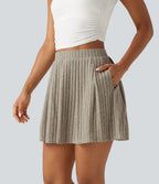 Ribbed Knit High Waisted A Line Pleated Mini Casual Skirt with Pockets — Warm Grey Floral Velvet — view 5
