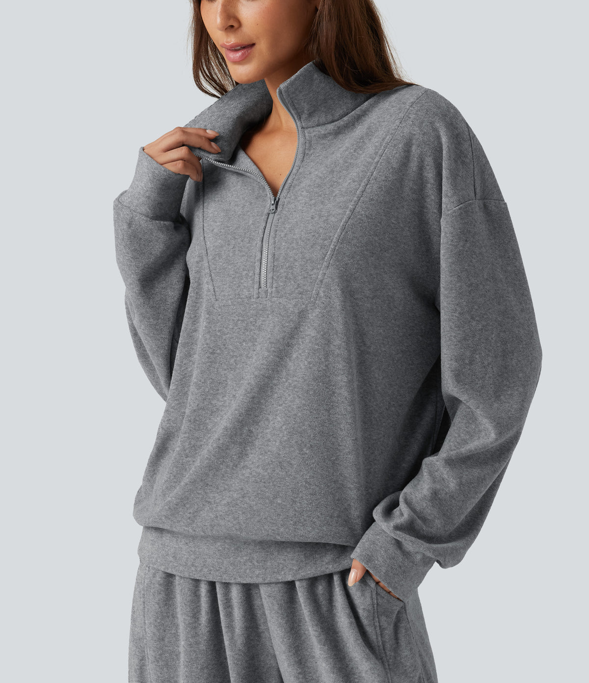 Stand Collar Long Sleeve Casual Sweatshirt — Mottled Grey — view 6