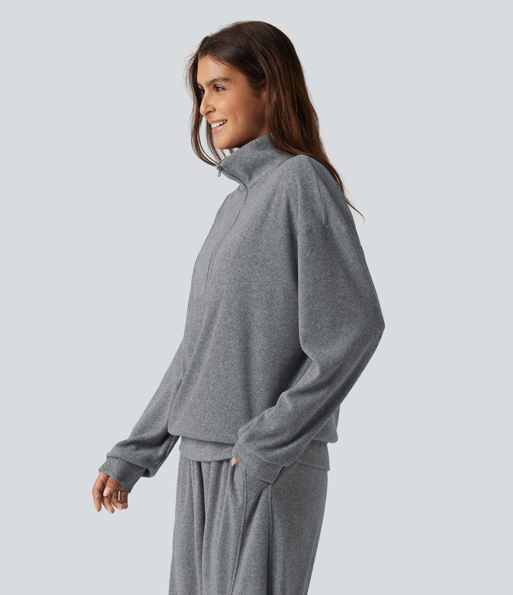 Stand Collar Long Sleeve Casual Sweatshirt — Mottled Grey — view 3