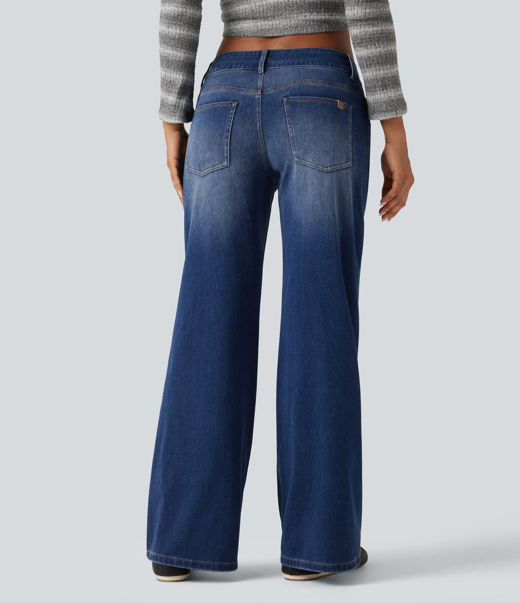 Low Rise Wide Leg Casual Jeans with Pockets — Tide Blue Denim — view 2