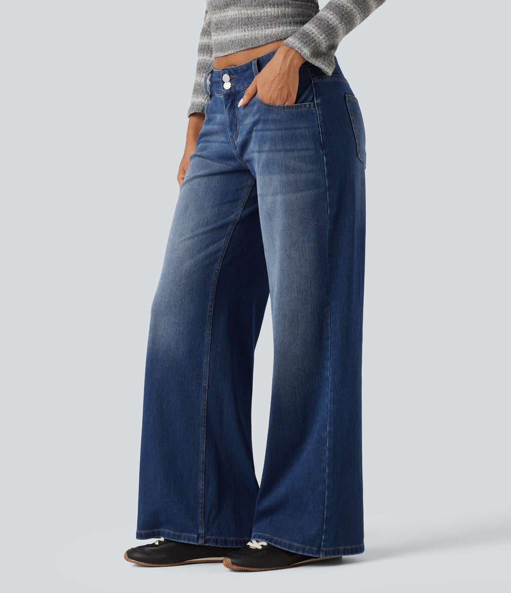 Low Rise Wide Leg Casual Jeans with Pockets — Tide Blue Denim — view 3