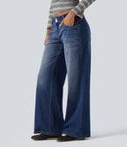 Low Rise Wide Leg Casual Jeans with Pockets — Tide Blue Denim — view 3