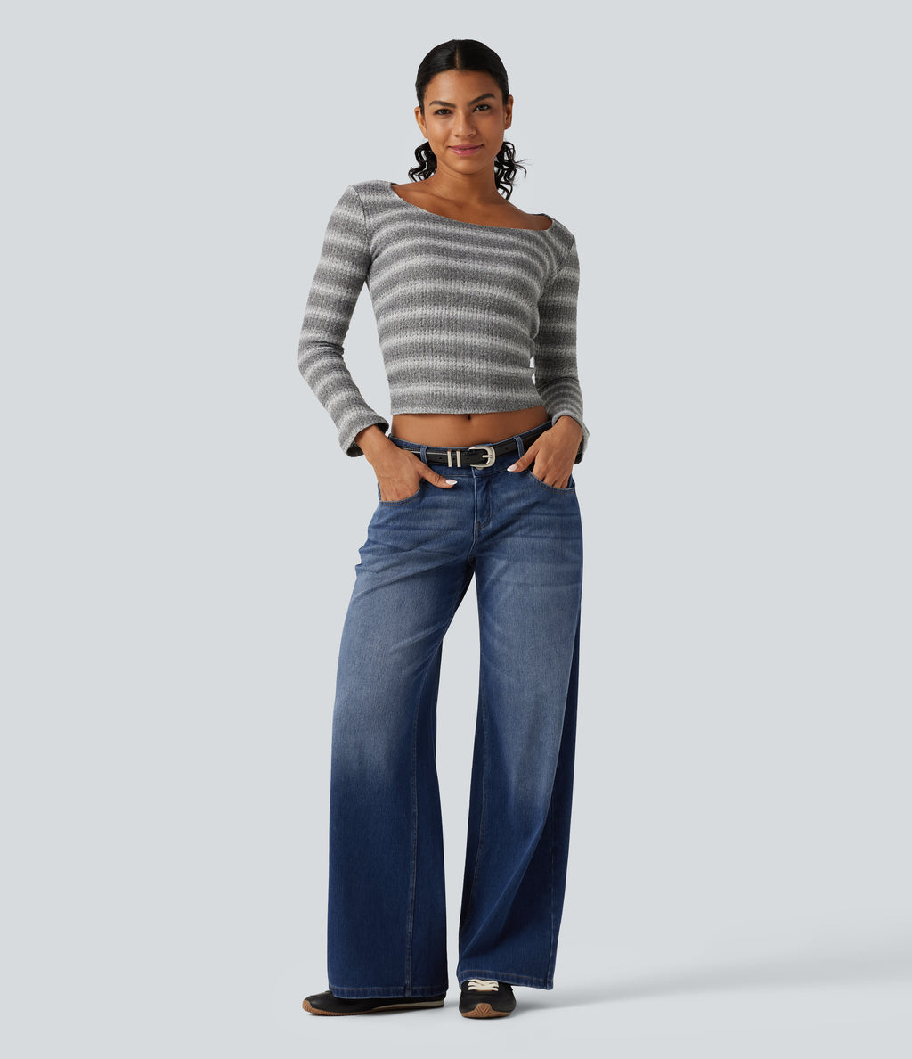 Low Rise Wide Leg Casual Jeans with Pockets — Tide Blue Denim — view 7