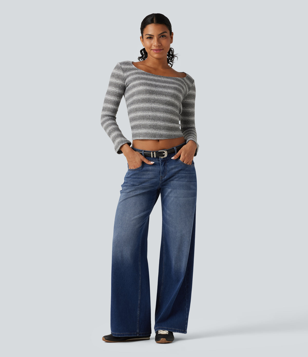 Low Rise Wide Leg Casual Jeans with Pockets — Tide Blue Denim — view 7