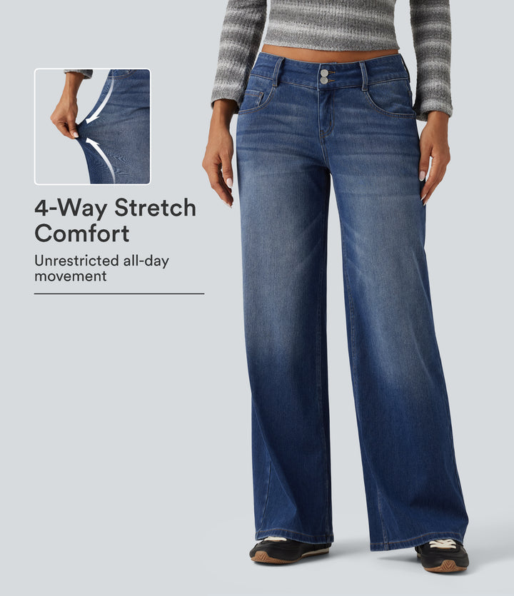 Low Rise Wide Leg Casual Jeans with Pockets — Tide Blue Denim — view 1