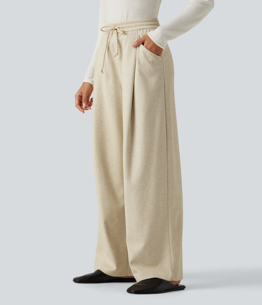 High Waisted Drawstring Baggy Work Trousers with Pockets — Oatmeal Khaki — view 3
