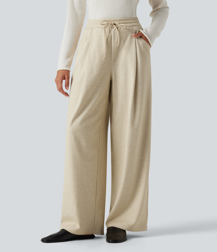 High Waisted Drawstring Baggy Work Trousers with Pockets — Oatmeal Khaki — view 1