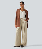High Waisted Drawstring Baggy Work Trousers with Pockets — Oatmeal Khaki — view 5