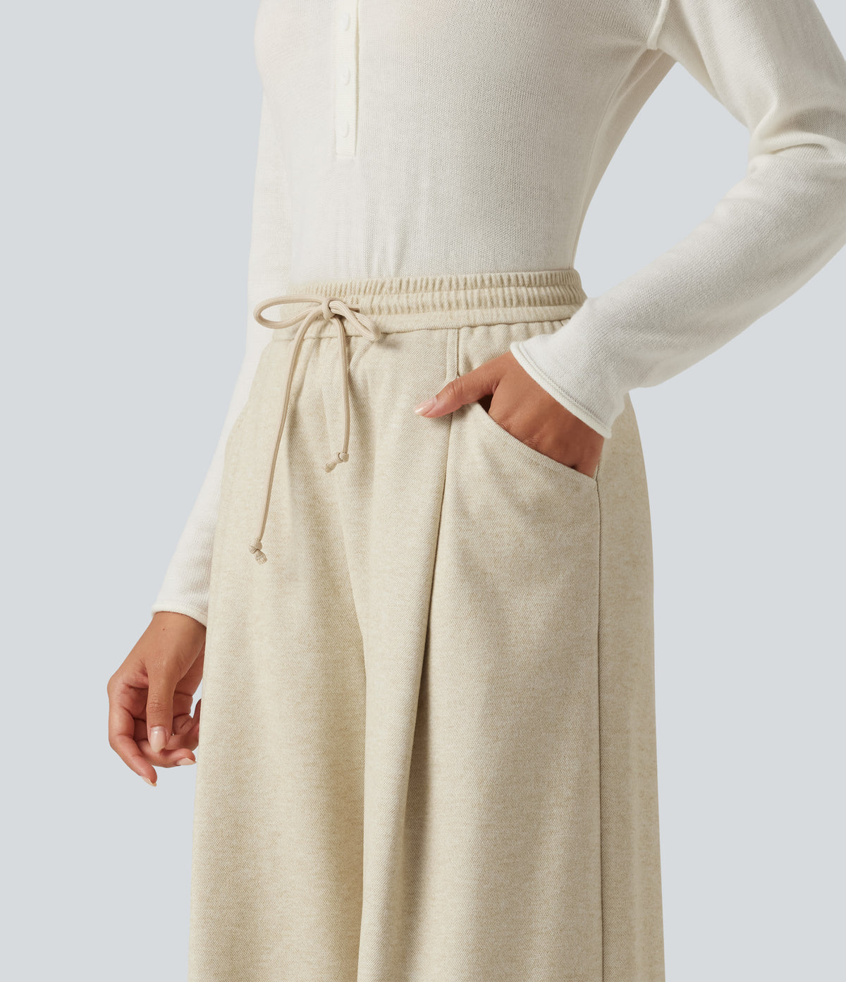 High Waisted Drawstring Baggy Work Trousers with Pockets — Oatmeal Khaki — view 4