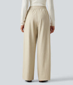 High Waisted Drawstring Baggy Work Trousers with Pockets — Oatmeal Khaki — view 2