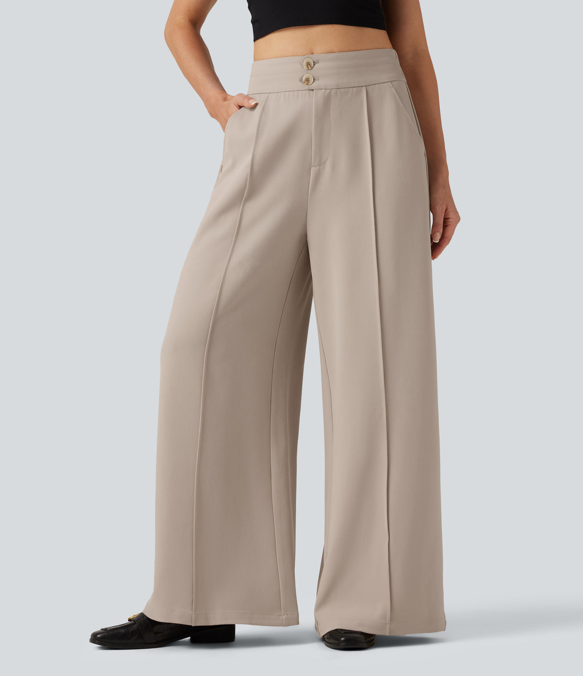 High Waisted Baggy Work Trousers with Pockets — Doeskin — view 1