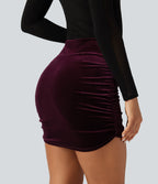High Waisted 2-in-1 Velvet Ruched Tummy Control Bodycon Mini Party Skirt — Dusky purple — view 4
