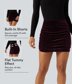 High Waisted 2-in-1 Velvet Ruched Tummy Control Bodycon Mini Party Skirt — Dusky purple — view 1