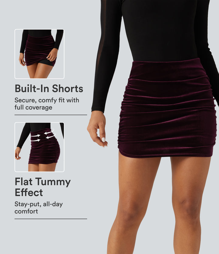 High Waisted 2-in-1 Velvet Ruched Tummy Control Bodycon Mini Party Skirt — Dusky purple — view 1